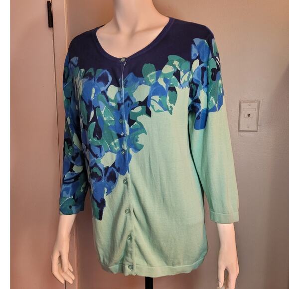 Isaac Mizrahi Seafoam Blue Floral Cotton Cardigan L Graphic Chic Lightweight - Picture 10 of 11